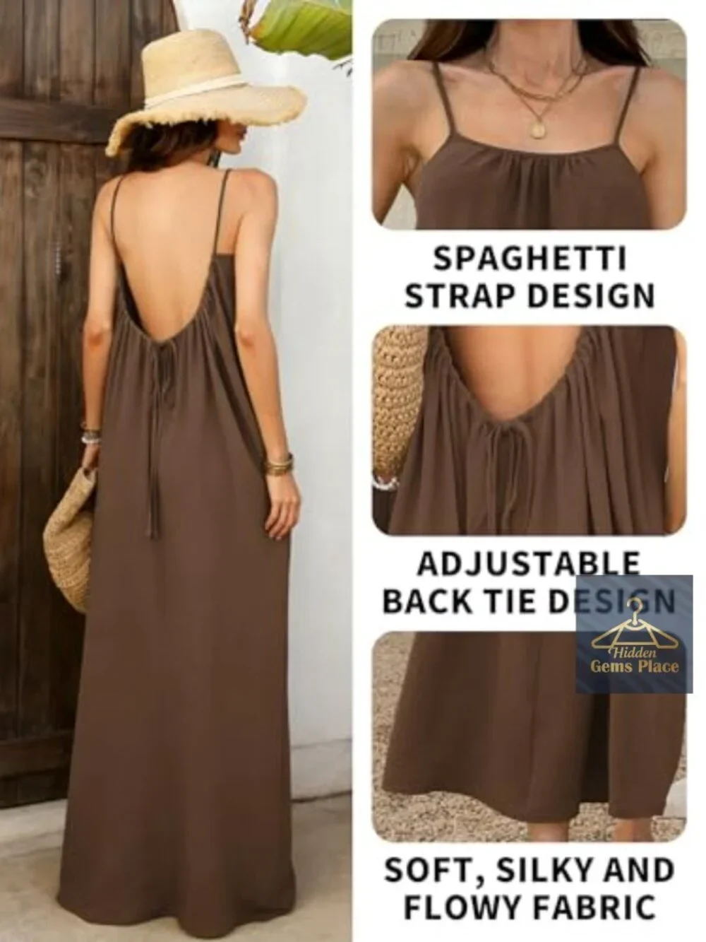Backless Cami Maxi Sundress - Casual Lounge Dress with Drawstring